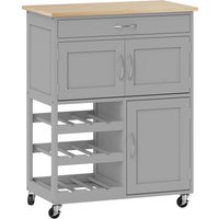 HOMCOM Modern Kitchen Trolley, Rolling Island Storage Cart with Drawer, 9-bottle Wine Rack, Door Cabinets, Wooden Countertop, Grey
