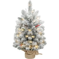 60 cm Prelit Small Christmas Tree 35 LED Lights Snow Flocked Tabletop Mini Xmas Tree 72 Dense Branches Pine Cones Berry Clusters Linen Cover Base Battery Operated