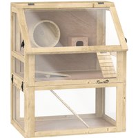 PawHut Wooden Hamster Cage with Detachable 32cm Deep Bottom, Hut, Seesaw, Exercise Wheel, Ramps, 60 x 40 x 75cm