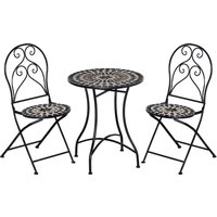 3 Piece Garden Outdoor Bistro Set Coffee Table 2 Folding Chairs Mosaic Tile Top Seats Metal Frame Patio Balcony