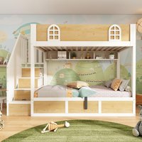 Cabin Style Bunk Bed Staircase Cabinet & Underbed Storage Space Saving Single Bed x 95W x 152H cm Natural+White Aosom UK