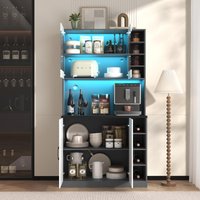 Tall Kitchen Cupboard with LED Lighting and Generous Storage, Freestanding Pantry with Microwave Shelf, 100L x 47W x 187H cm, White+gray Aosom UK