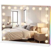 HOMCOM Miroir maquillage Hollywood 18 ampoules LED, 3 couleurs d'éclairage, lumière RGB, haut-parleur Bluetooth, blanc