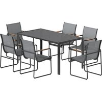 Outsunny Ensemble de Salle à Manger d'Extérieur 7 Pièces pour 6 Personnes, Table en Verre et Chaises en Maille avec Accoudoirs Décoratifs, Gris