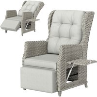 Outsunny Rattan Garden Recliner Chair, Reclining Garden Chair with Adjustable Back and Footrest, Flip Table, Cushion, Light Grey