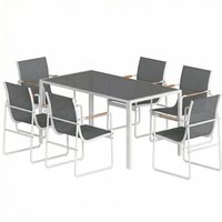 Outsunny Ensemble de Table et Chaises de Jardin avec Table en Verre Trempé et 6 Chaises Respirantes pour Terrasse/Patio Blanc et Gris