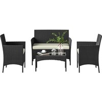 Outsunny Ensemble mobilier de jardin en rotin synthétique avec canapé, fauteuils et table en verre trempé et coussins Noir et Crème