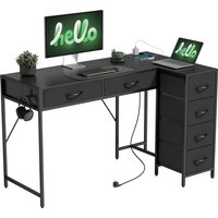 HOMCOM Bureau d'angle à 6 tiroirs avec crochet latéral et prises intégrées, en bois et acier, 126x48x80 cm, Noir