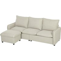 HOMCOM Canapé 3 places avec pouf de rangement, canapé d'angle modulable 212 cm, coussins à ressorts, tissu en lin, crème