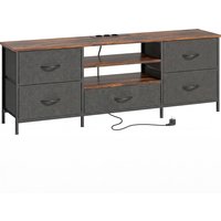 HOMCOM TV-Möbel 140 cm, TV-Bank für Fernseher bis zu 165,1 cm, Ladestation, 5 Stoffschubladen, offene Regale und Stahlgestell, TV-Bank für Wohnzimmer, Schlafzimmer, rustikabraun Aosom