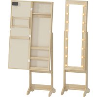 HOMCOM Schmuckschrank mit LED-Beleuchtung, Schmuckschrank, Stand-Schmuckschrank mit Ganzkörperspiegel, winkelverstellbar, mit Ablagen und Ringschlitzen, Naturholz Aosom