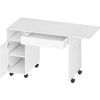 HOMCOM Faltbarer Computerschreibtisch 130 x 58 cm mit Rollen, Schreibtisch mit Stauraum, Schublade, Arbeitsplatz für kleine Räume, Schlafzimmer, Wohnzimmer, Weiß Aosom