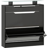 Shoe Storage Cabinet Slide Out Drawer 2 Flip Doors Tempered Glass Top