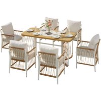 Modernes 7-teiliges Gartenmöbel-Set, weißes Eisengestell mit geflochtenen Armlehnen, 1 Tisch + 6 Stühle, Beige+Naturfarbe