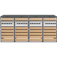 Mülltonnenbox mit hydraulischem Klappdeckel, 4 Fächern und separaten abschließbaren Türen, 264x80x118,5 cm, Grau+Naturfarbe