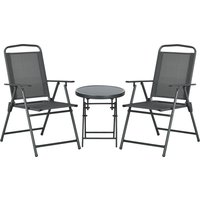 3 Pcs Garden Table Chairs Outdoor Bistro Set Patio Conversation Furniture Set w Foldable Armchairs & Glass Top Coffee Table Dark Grey