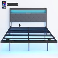Floating Bed Frame Upholstered 4ft6 Double Bed Platform Bed RGB LED Lights Charging Station