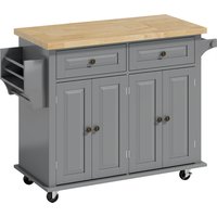 Rolling Kitchen Island Storage Trolley Rubber Wood Top & Drawers Dining Room Aosom UK