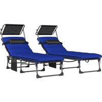 Folding Sun Loungers Set 2 Canopy Reclining Sunbed Cushion Side Pocket Carrying Handle Dark Blue