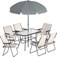 8 Piece Garden Dining Set Umbrella Garden Furniture Set 6 Folding Chairs Tempered Glass Table Patio