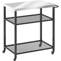 Outdoor Grill Cart Stainless Steel Tabletop 3 Tier Pizza Oven Stand 2 Shelves 6 Hooks Wheels