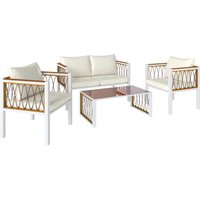 4 Piece Rattan Garden Furniture Set Loveseat 2 Armchairs Table Metal Frame Patio Conversation Set Cream