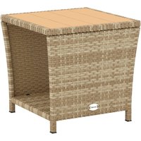 Side Table 2 Tier Outdoor Coffee Table Storage Shelf PS Wood Slat Top Khaki