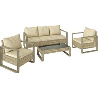 4 Piece Rattan Garden Furniture Set 3 Seater Sofa Armchairs Table Aluminium Frame Patio Conversation Set