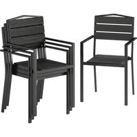 Stackable Garden Chairs Set 4 Garden Dining Chairs Slatted HDPE Seat Back Armrests Metal Frame