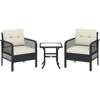 3 Pieces Rattan Bistro Set Glass Top Coffee Table Chairs Cushions Outdoor Patio Balcony
