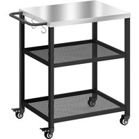 Outdoor Grill Cart Stainless Steel Tabletop 3 Tier Pizza Oven Stand Adjustable Shelf Hooks Wheels