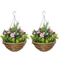 Set 2 Artificial Plant Lisianthus Flowers Hanging Planter Basket Indoor Outdoor Decoration Aosom UK