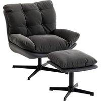 Accent Chair Footstool Swivel Lounge Chair Chenille Upholstery Metal Base Dark Grey