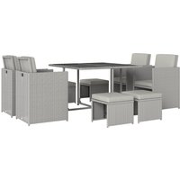9 Piece Rattan Cube Garden Furniture Dining Set Armchairs Footstools Glass Top Table Light Grey