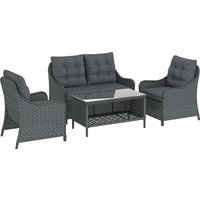4 Piece Wicker Patio Furniture Set 2 Armchairs Loveseat Glass Coffee Table Conversation Sofa Set Dark Grey