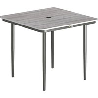 Garden Dining Table 4 85 cm Square Outdoor Table Umbrella Hole Faux Wood Top Metal Legs Light Grey