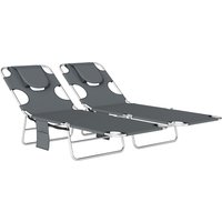 5 Position Adjustable Sun Loungers Set 2 Reading Hole Side Pocket Dark Grey