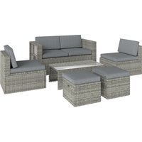6 Piece Rattan Garden Furniture Set Nesting Patio Conversation Set Loveseat Chairs Table Footstools Dark Grey
