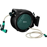 Retractable Hose Reel Wall Mounted 30+2m Garden Hose Pipe Reel Lock Auto Rewind 7 1 Spray Nozzle Includes Wall Fixings 180° Swivel Outdoor Watering 59 x 23 x 42 cm