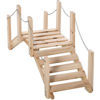 Small Fir Wooden Garden Bridge Arch Walkway Metal Chain Railings Landscape Creek Pond Wood