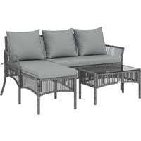3 Piece Rattan Garden Furniture Corner Sofa Set Chaise Lounge Loveseat Glass Coffee Table Cushions Dark Grey