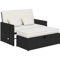 Rattan Garden Daybed Assembled Double Sun Lounger 5 Level Adjustable Back Storage Ottoman Cream