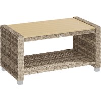 Outdoor Coffee Table Storage Shelf PE Rattan Side Table Slatted Top Foot Pads Light