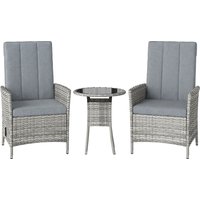 Rattan Bistro Set Reclining Garden Chairs Glass Coffee Table Cushions Patio Balcony Porch Light Grey