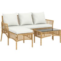 3 Piece Rattan Garden Furniture Corner Sofa Set Chaise Lounge Loveseat Glass Coffee Table Cushions Wood