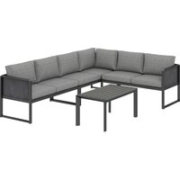 6 Seater Metal Garden Furniture Corner Sofa Set 3 Loveseats Faux Wood Table Texteline Seat Cushions Dark Grey