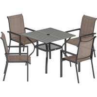 5 Pieces Outdoor Dining Set 4 Garden Table Stackable Chairs Breathable Mesh Seat Khaki