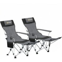 Set 2 Reclining Folding Camping Chair w Detachable Footrest Storage Bag Cup Holder & Headrest Lightweight Portable Camp Chair Beach Picnic Grey