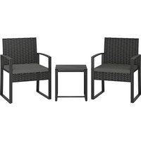 Rattan Bistro Set 3 Piece Garden Furniture Set Glass Top Table Cushions Dark Grey