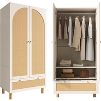 AB Store Kleiderschrank 2-türig mit Rattan-Front, große Schublade, höhenverstellbare Regale und Kleiderstange, 85,5x52x180,5 cm, Weiß